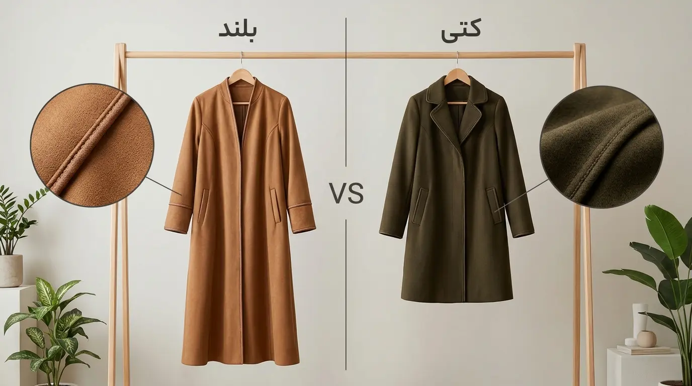 مقایسه مانتو سوییت کتی کوتاه و مانتو سوییت بلند کمربنددار پاییزه زنانه در فروشگاه الینا