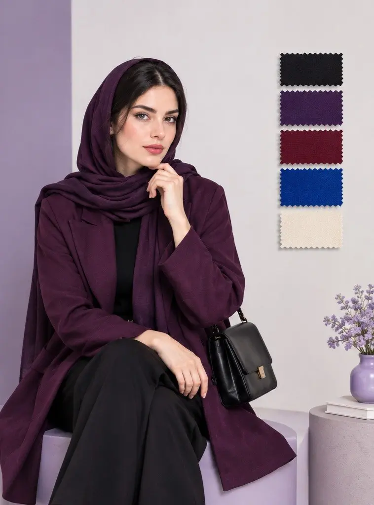 استایل کنتراست بالا با پالت رنگ‌های شارپ زرشکی، بنفش سیر و مشکی