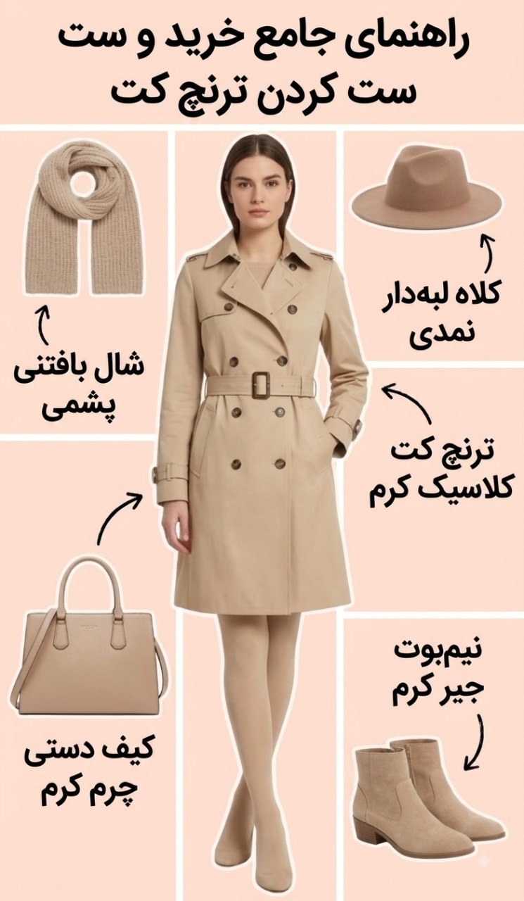 استایل پاییزی شیک با ترنچ کت شتری کلاسیک، هودی سفید و شلوار جین بگ در روز بارانی