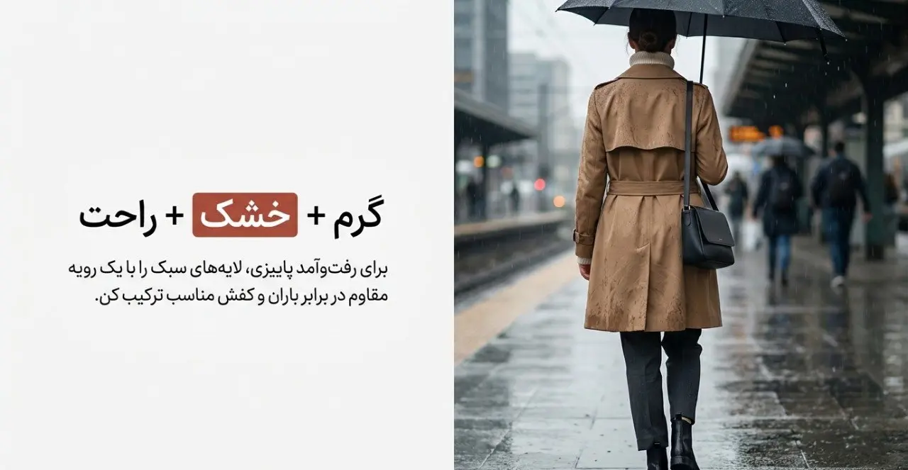ایده استایل روزهای بارانی پاییز فرمولهای استایل بارانی زنانه با ترنچ کت و بافت پاییزی در فروشگاه الینا