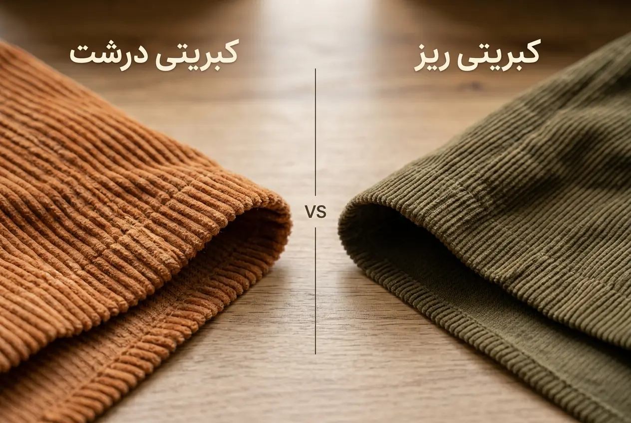مقایسه نمای نزدیک پارچه مخمل کبریتی درشت و مخمل کبریتی ریز پنبه‌ای در شومیز پاییزه الینا