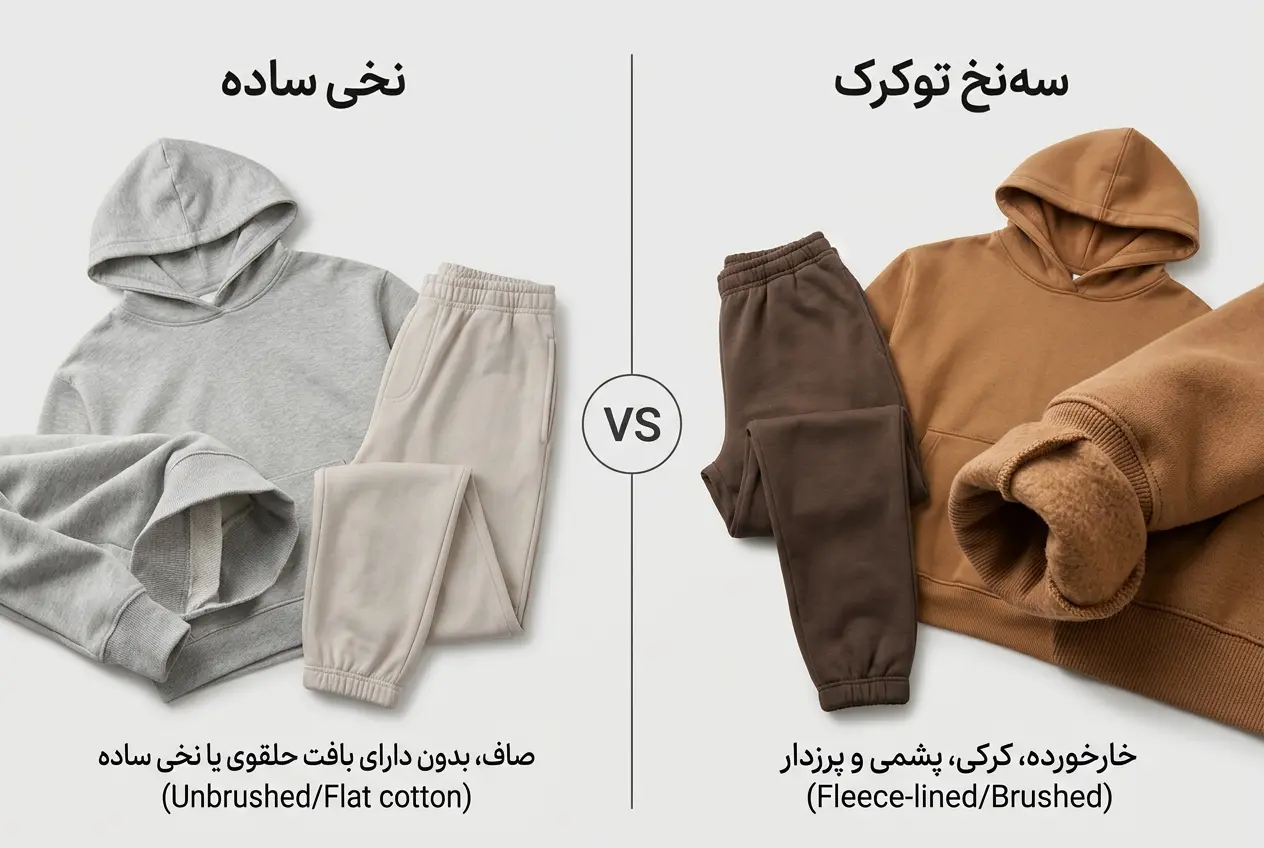 مقایسه تخصصی بافت پارچه دورس سه‌نخ توکرک خارخورده و پارچه نخی ساده در ست هودی و شلوار الینا