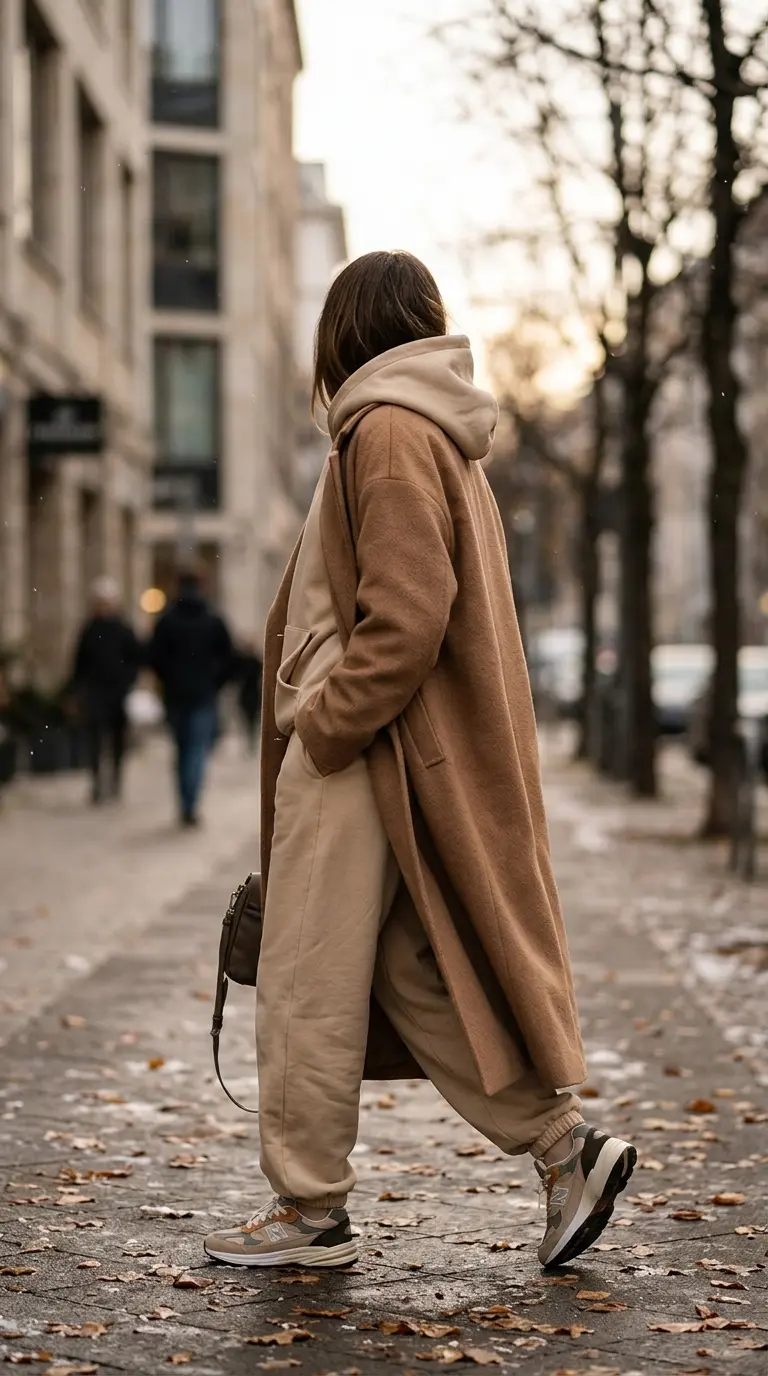 استایل خیابانی ترند زمستانه با ست هودی و شلوار اسلش دورس در زیر پالتو بلند شتری الینا