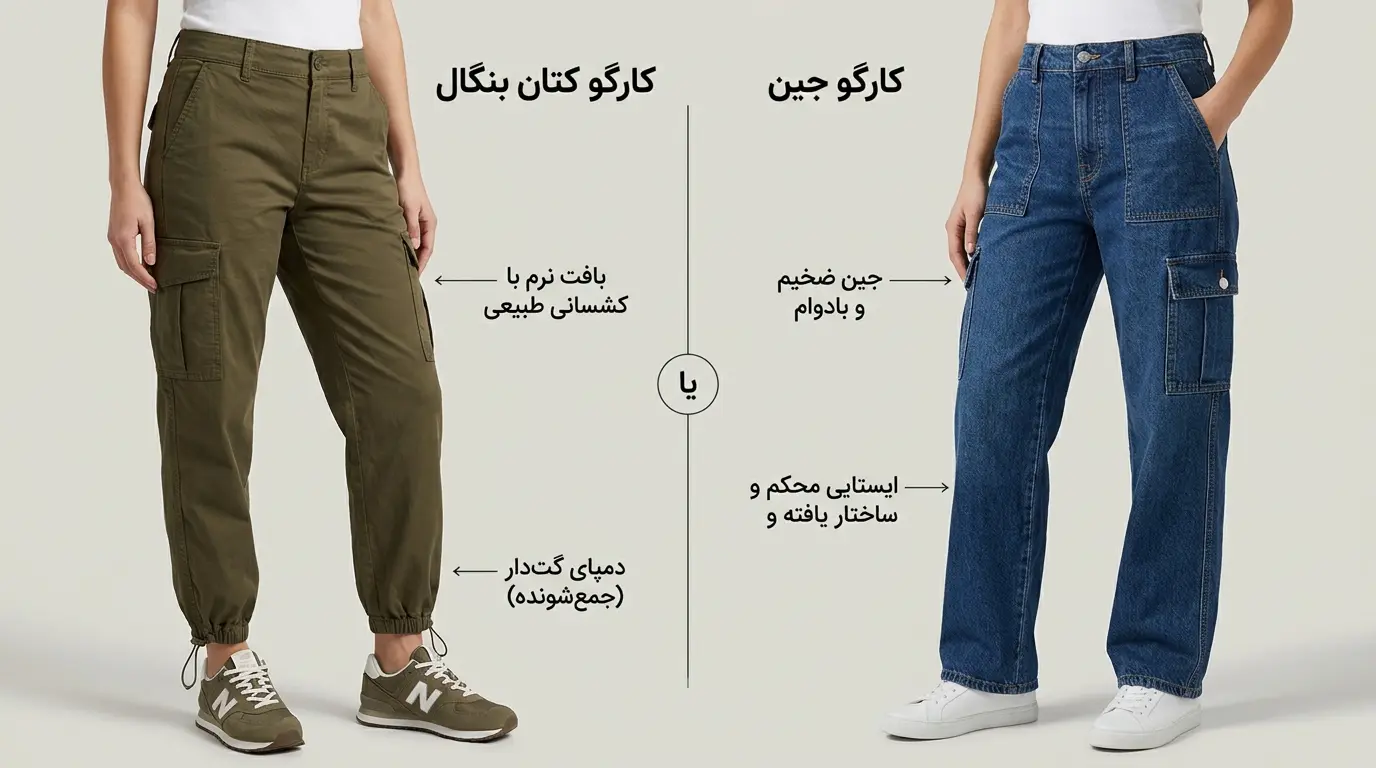 مقایسه شلوار کارگو کتان بنگال زیتونی و شلوار کارگو جین زنانه در کالکشن پاییزه الینا