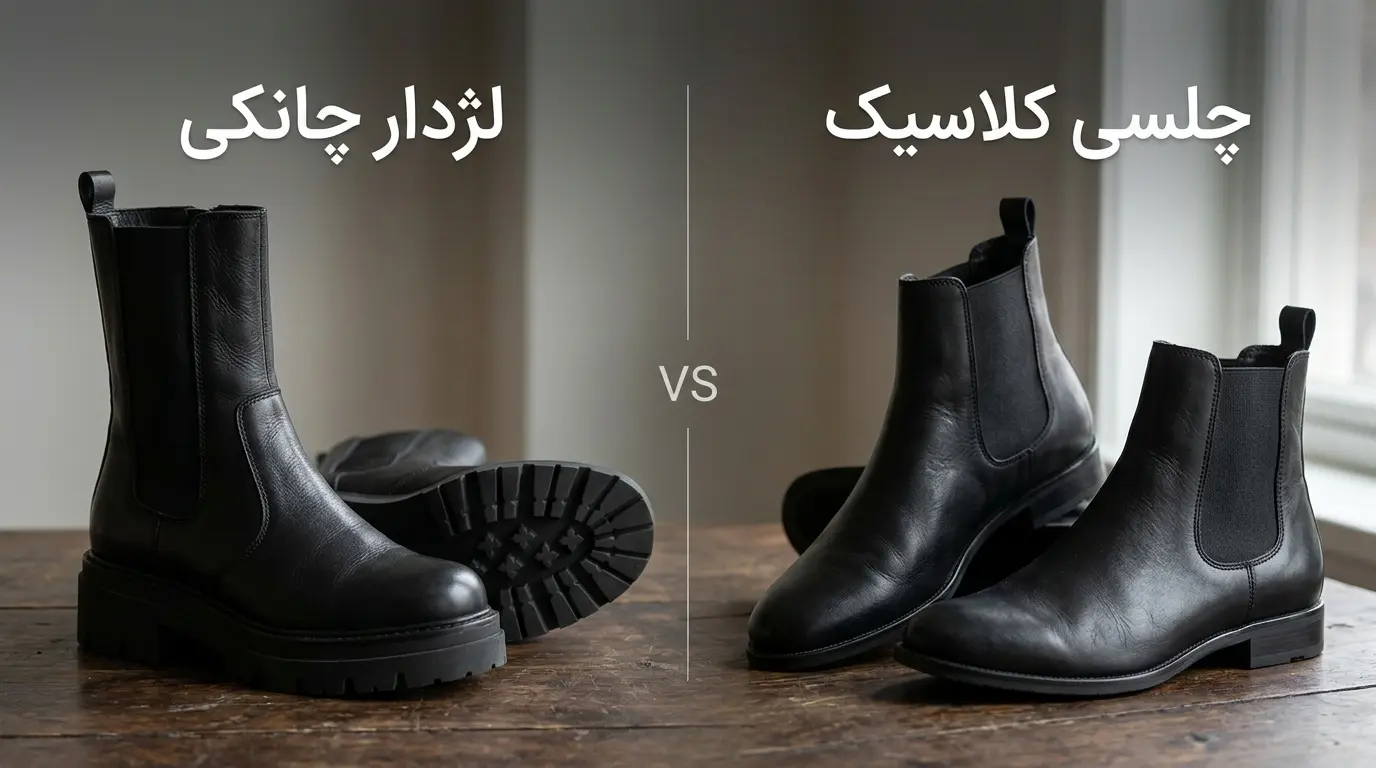 مقایسه مدل نیم‌بوت چلسی کلاسیک و نیم‌بوت چلسی لژدار چانکی چرم زنانه در استایل پاییز و زمستان