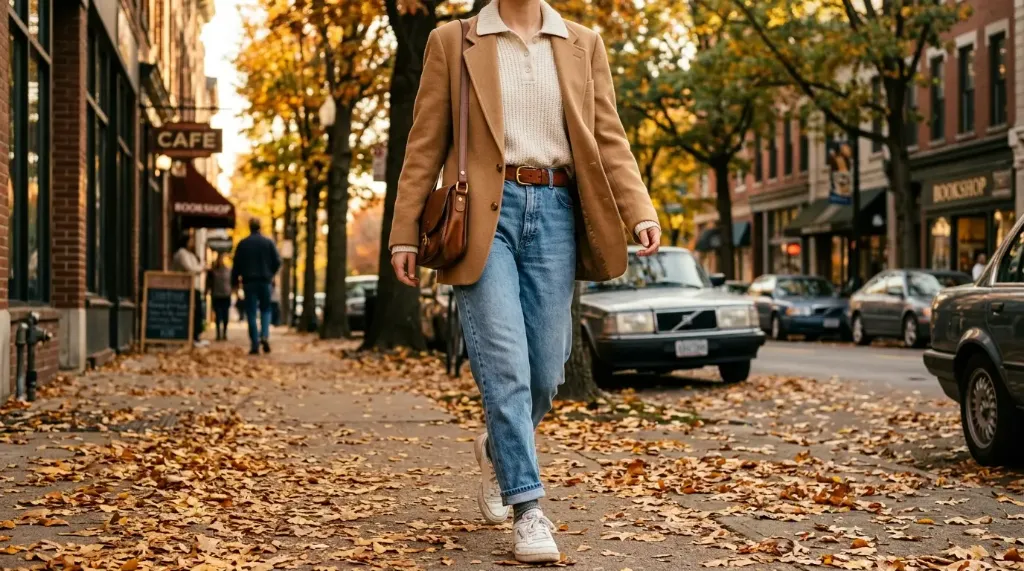استایل کژوال خیابانی زنانه دهه ۸۰ با کت شتری، پلوشرت کبریتی و شلوار جین فاق‌بلند