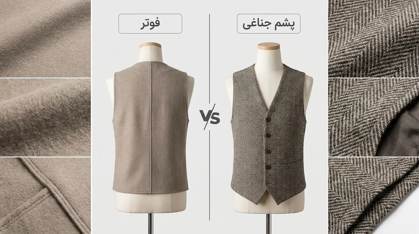 مقایسه تخصصی پارچه فوتر کوبیده و پشم جناغی در دوخت وست پاییزی زنانه الینا