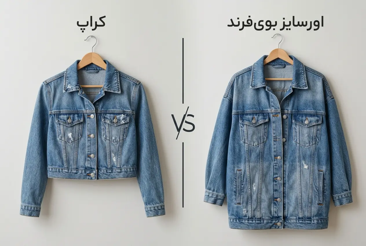 مقایسه کت جین کراپ کوتاه و کت جین اورسایز بوی‌فرند زنانه سنگ‌شور در فروشگاه الینا